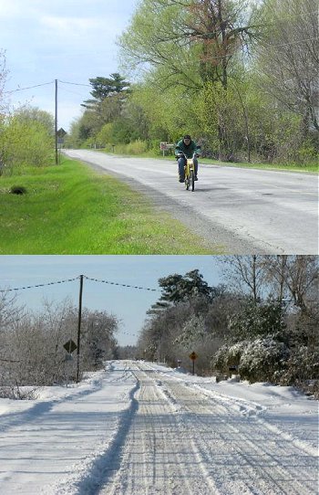 Canadian road - before and after the snow falls