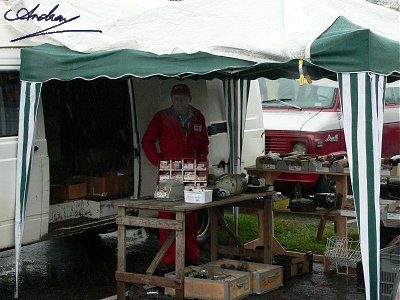 Tigerman set up his stall outside in the wet - business was not brisk!