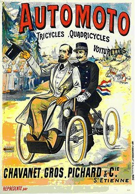 Poster illustratiing President Carnot electioneering on an Automoto quadricycle